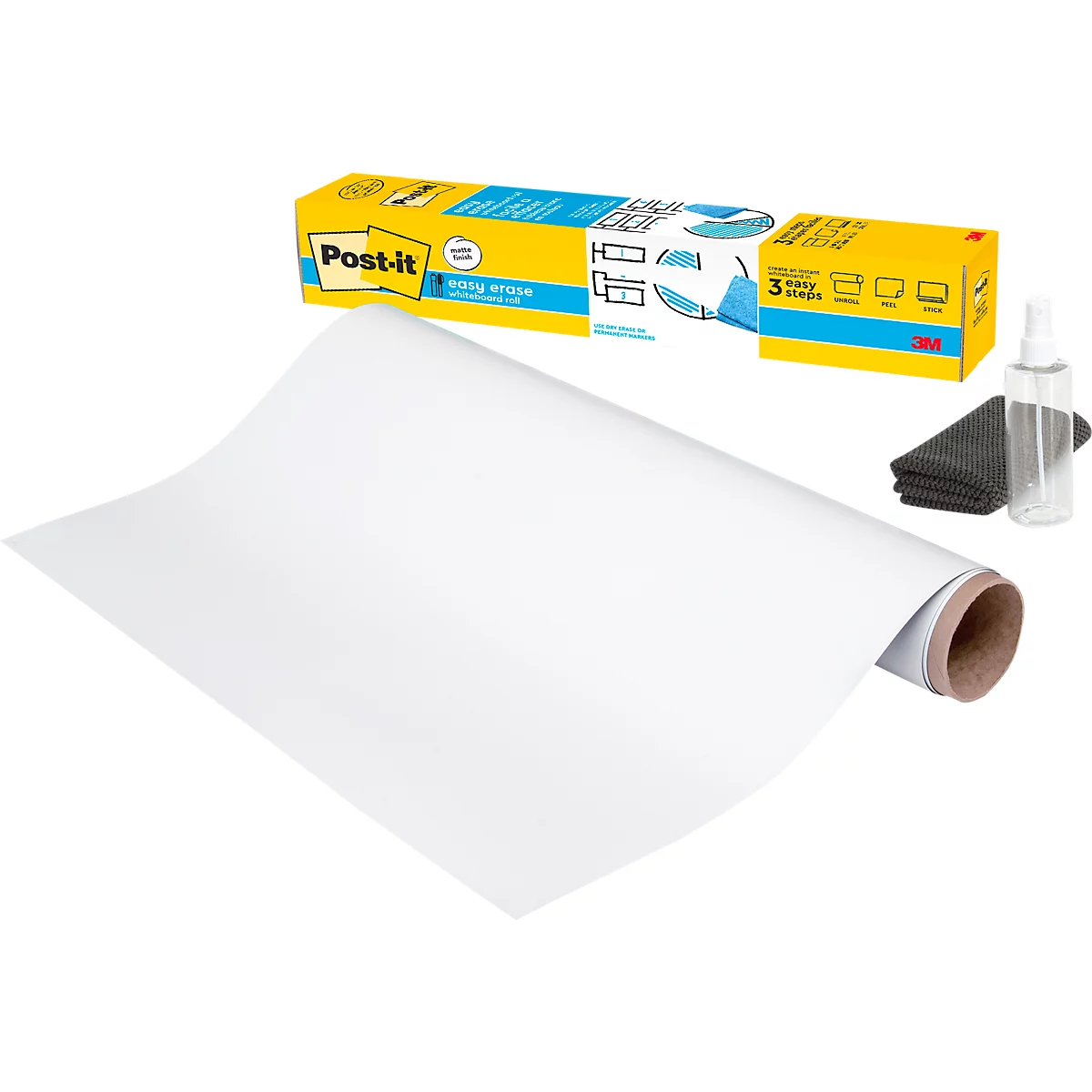 Whiteboardfolie Post-it® Flex Write Surface, selbstklebend, beschreibbar, Mikrofasertuch & Sprühflasche, 1 Blatt auf Rolle, B 914 x H 1220 mm, weiß