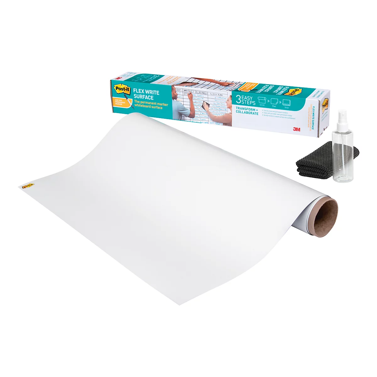 Whiteboardfolie Post-it® Flex Write Surface, zelfklevend, beschrijfbaar, microvezeldoek &amp; sprayflacon, 1 vel op rol, B 1220 x H 2240 mm, wit