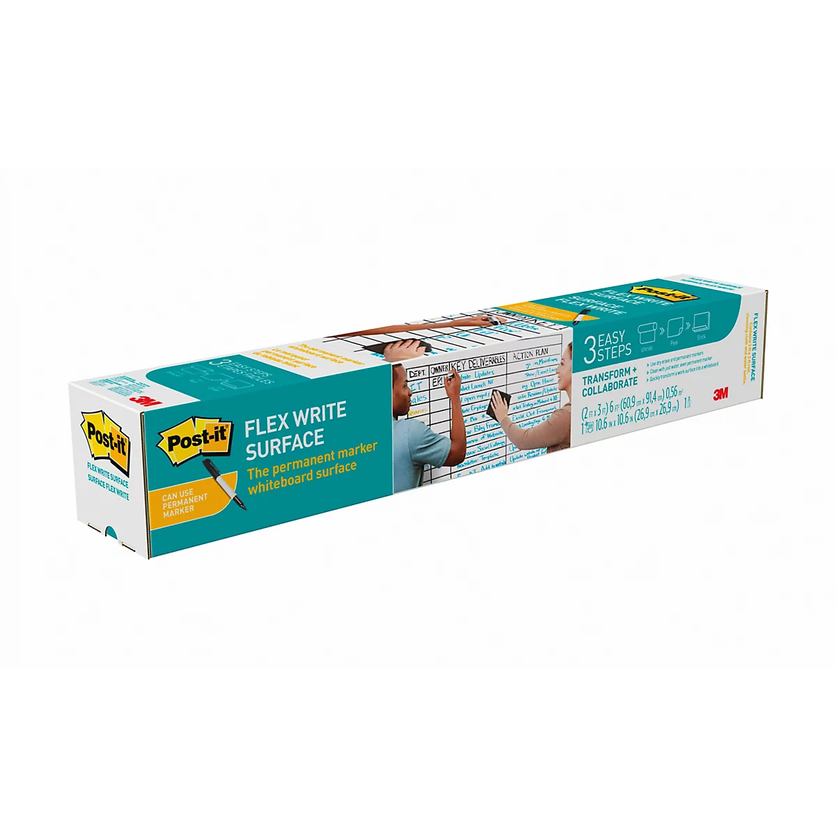 Whiteboardfolie Post-it® Flex Write Surface, zelfklevend, beschrijfbaar, microvezeldoek &amp; sprayflacon, 1 vel op rol, B 1220 x H 2240 mm, wit