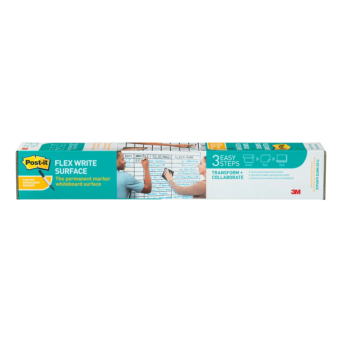 Whiteboardfolie Post-it® Flex Write Surface, zelfklevend, beschrijfbaar, microvezeldoek &amp; sprayflacon, 1 vel op rol, B 609 x H 914 mm, wit