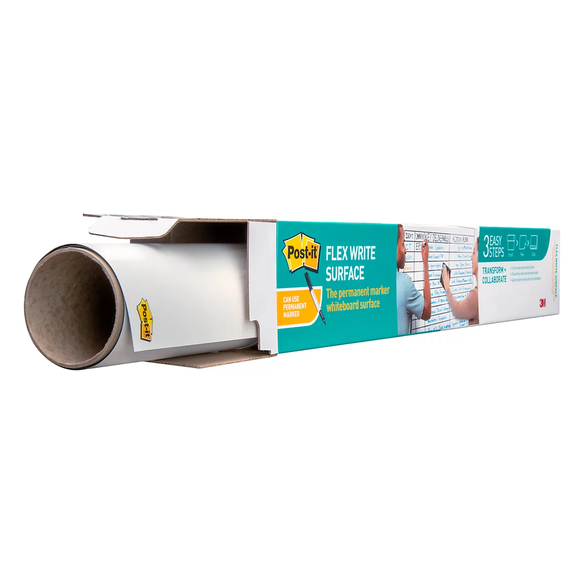 Whiteboardfolie Post-it® Flex Write Surface, zelfklevend, beschrijfbaar, microvezeldoek &amp; sprayflacon, 1 vel op rol, B 609 x H 914 mm, wit