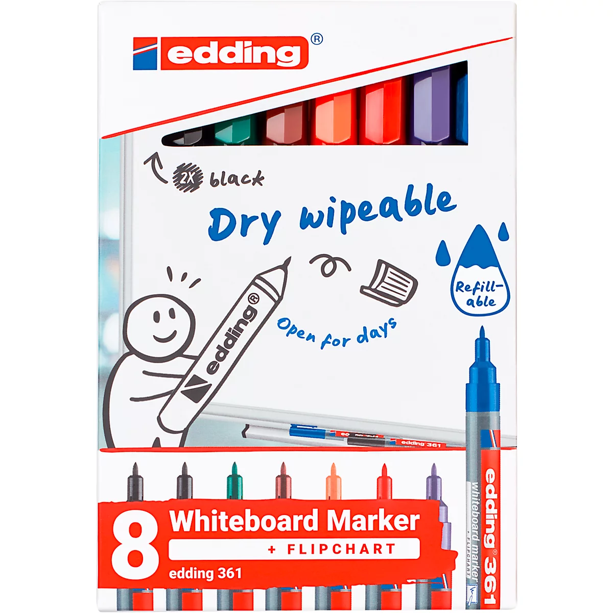 Ein Paket mit acht Edding Whiteboard-Markern, eine Skizze, die einen Stift hält, und Text: "Dry wipeable".