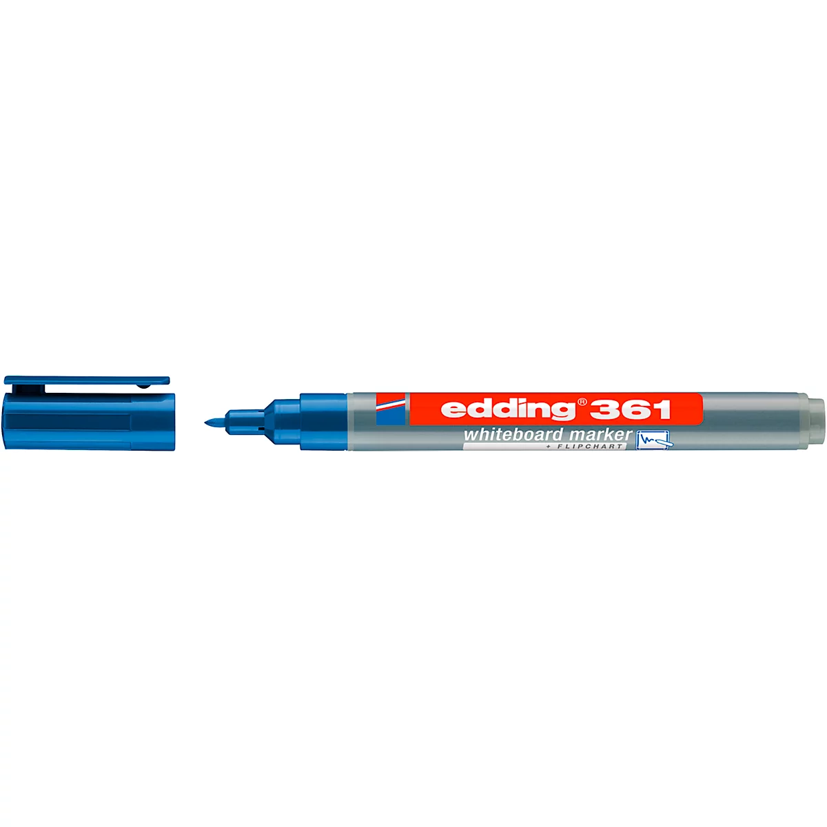 Hände halten einen schwarzen Edding 361 Filzstift und einen weißen Stift. Der Filzstift ist rot und grau markiert.