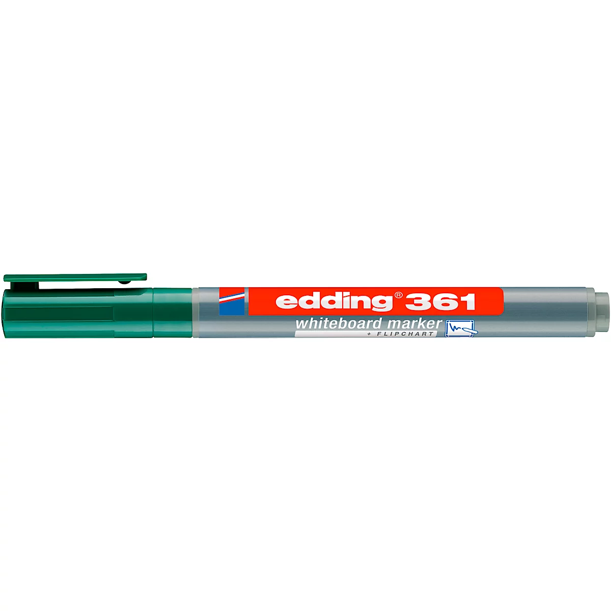 Ein grüner Whiteboard-Marker von Edding, Modell 361, mit roter und blauer Schrift.