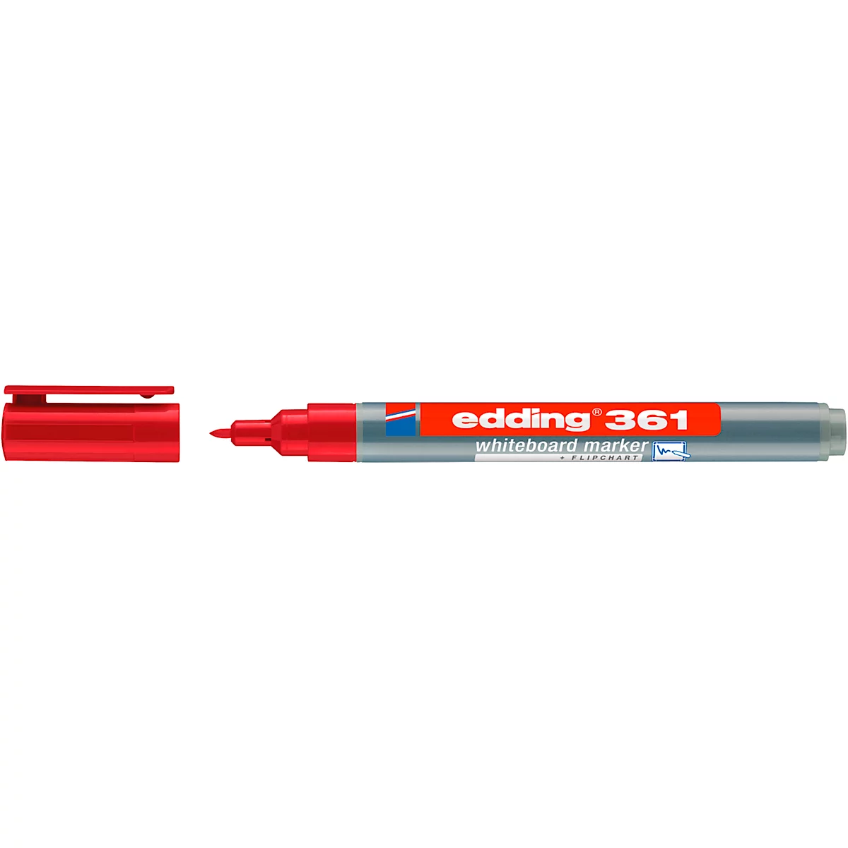 Ein roter Edding 361 Whiteboard-Marker mit abgenommener Kappe. Auf dem Stift steht "edding 361 Whiteboard marker".