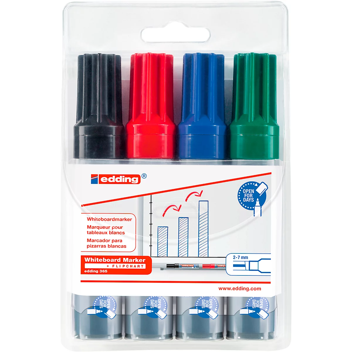 Ein Paket mit vier farbigen Whiteboard-Markern, in Schwarz, Rot, Blau und Grün, verpackt in einer transparenten Blisterpackung.