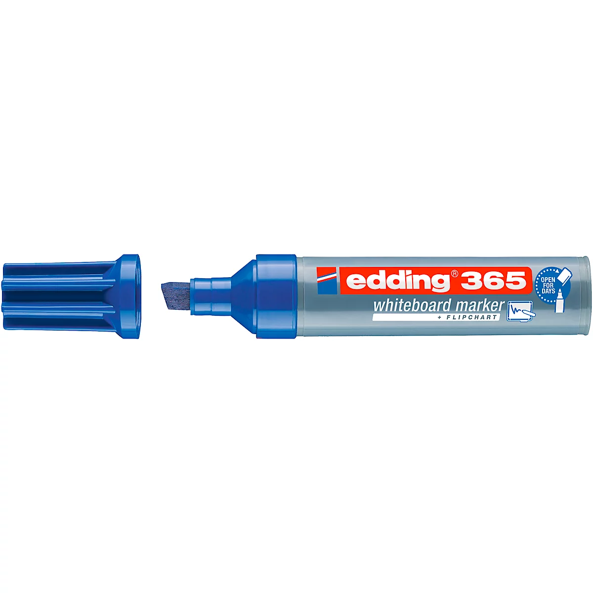 Ein weißer Edding 365 Whiteboard Marker mit blauer Kappe. Die Kappe liegt daneben.