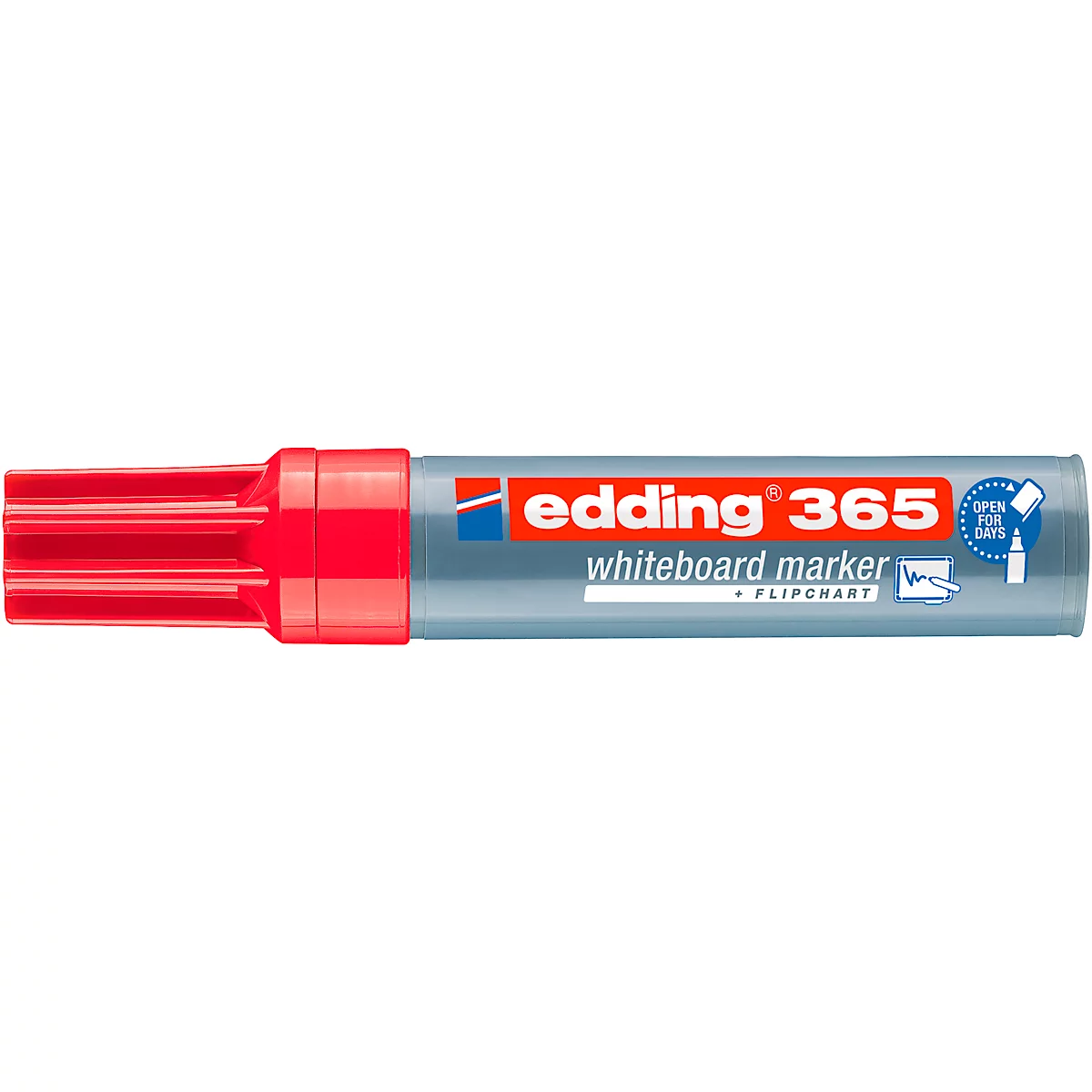 Ein roter Edding 365 Whiteboard-Marker, auf grauem Stiftkörper ist der Markenname erkennbar.