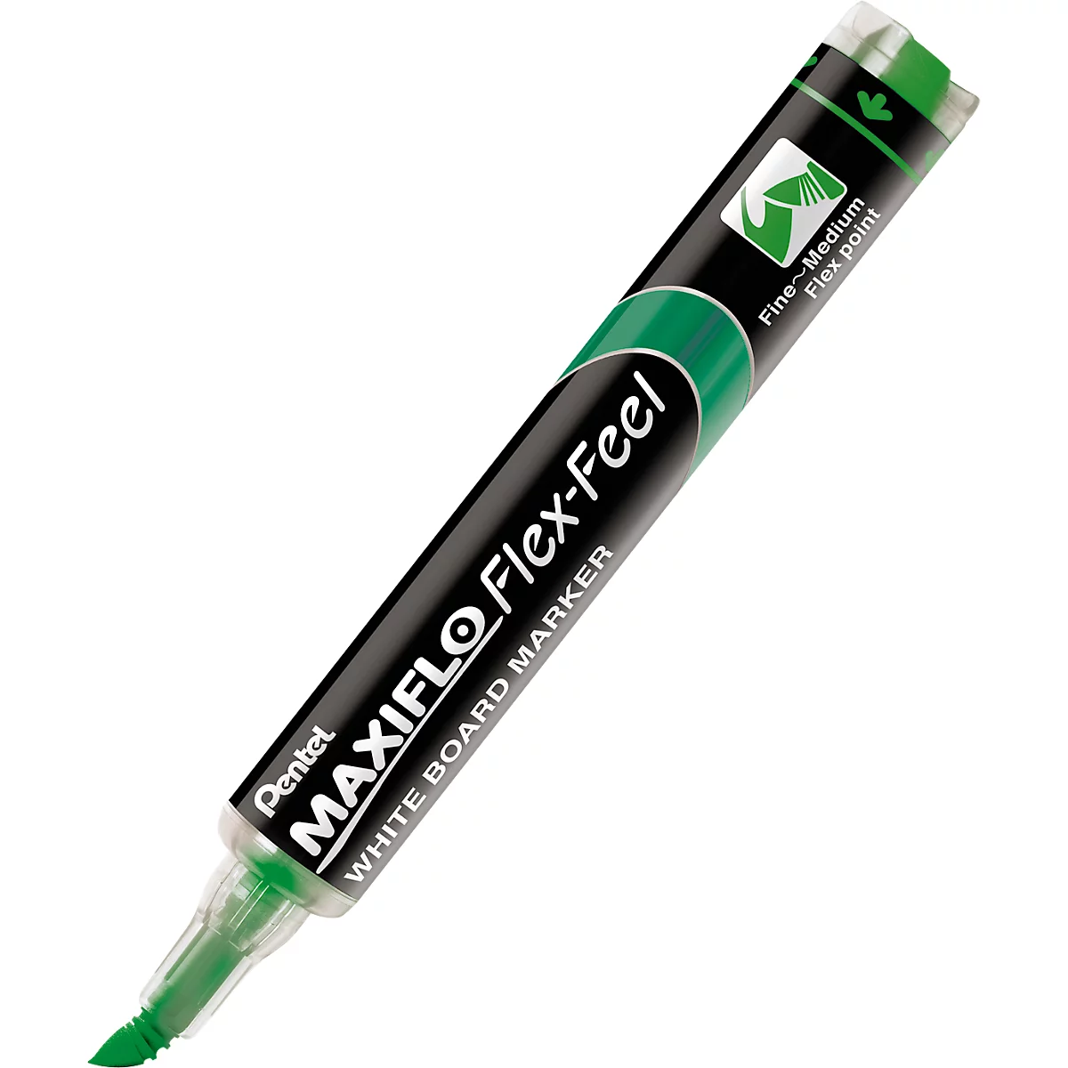 Whiteboardmarker Pentel Maxiflo Flex-Feel, Rundspitze mit variabler Strichstärke, integriertes Pumpsystem, Schreibfarbe grün, 12 Stück
