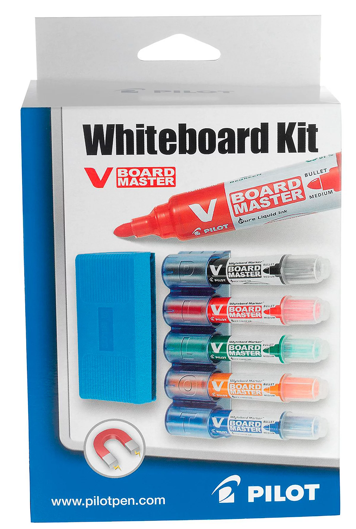 Whiteboardmarker PILOT V-Board Master, nachfüllbar, Tintenstandanzeige, Keilspitze, farbsortiert, 5er Set inkl. magnetischem Stiftehalter
