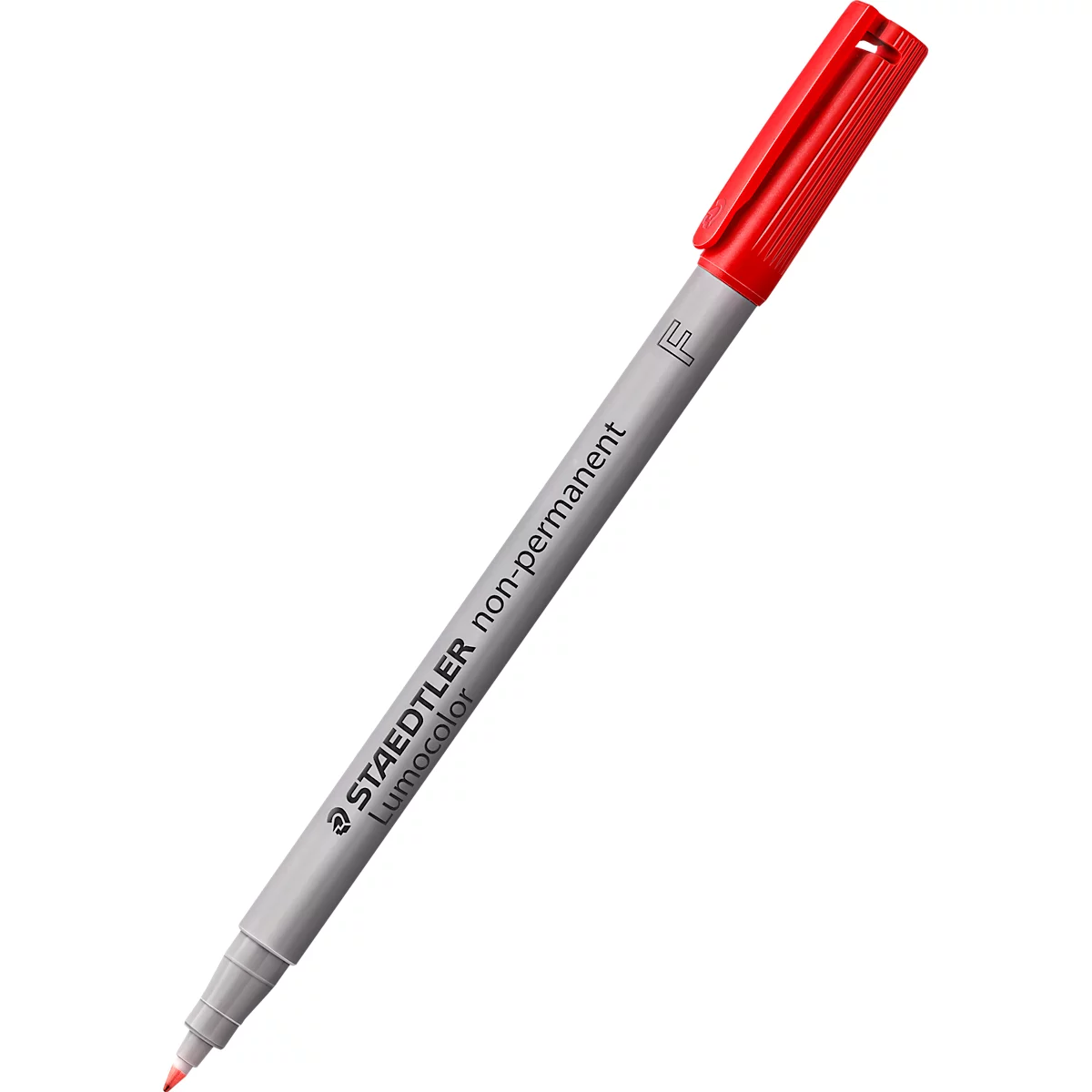 Roter STAEDTLER Lumocolor Filzstift mit Kappe, auf weißem Grund. Schriftzug: non-permanent.