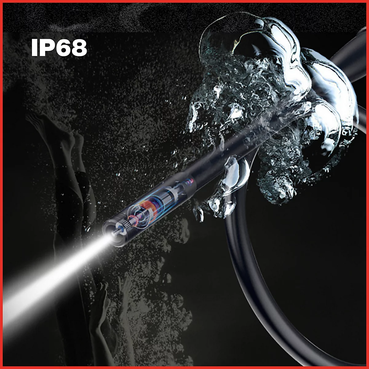 Eine Endoskopkamera unter Wasser mit Lichtstrahl, im Hintergrund Wasser und das Label IP68.