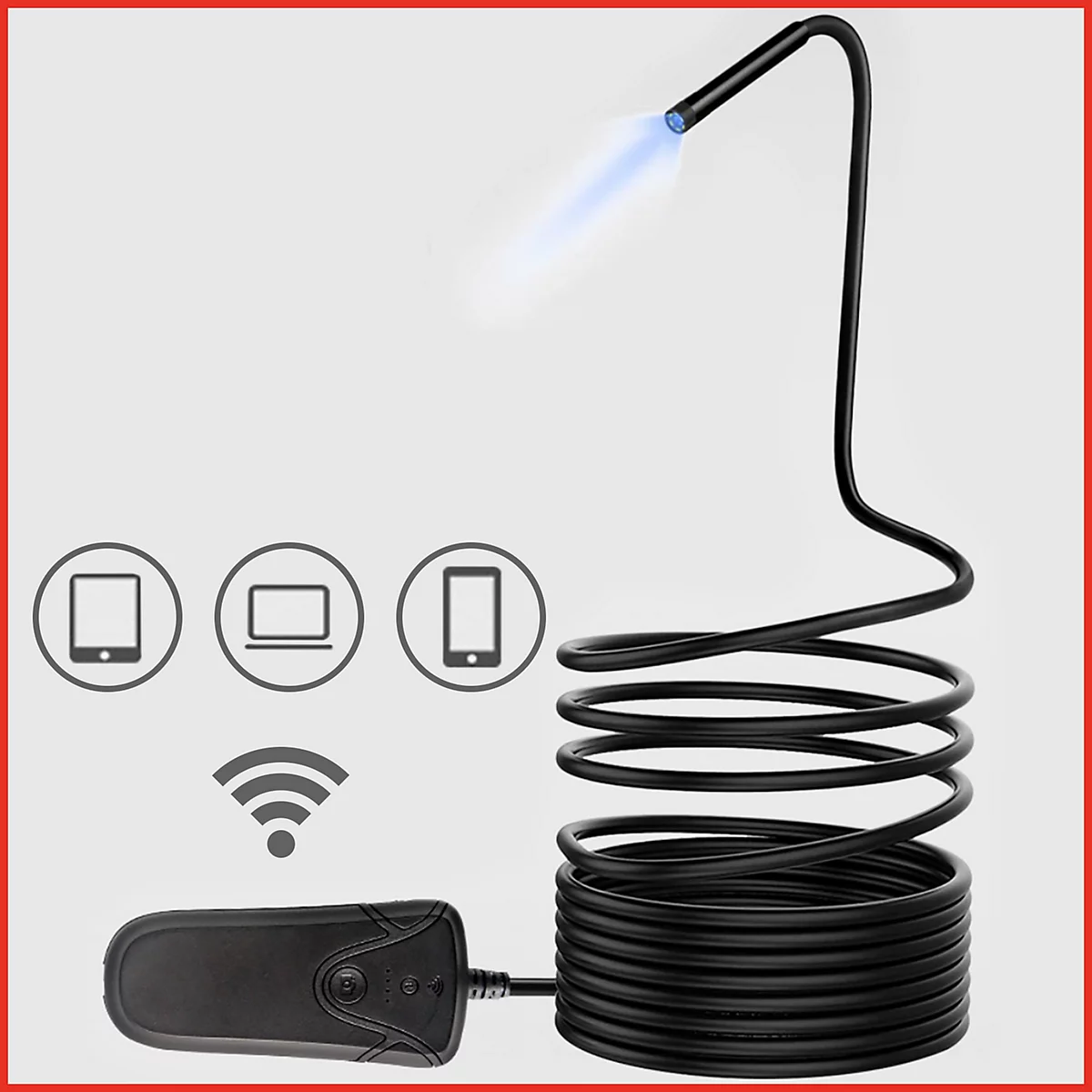 Eine schwarze Endoskopkamera, die Licht aussendet. Dargestellt mit Symbolen für Tablet, Laptop und Smartphone.