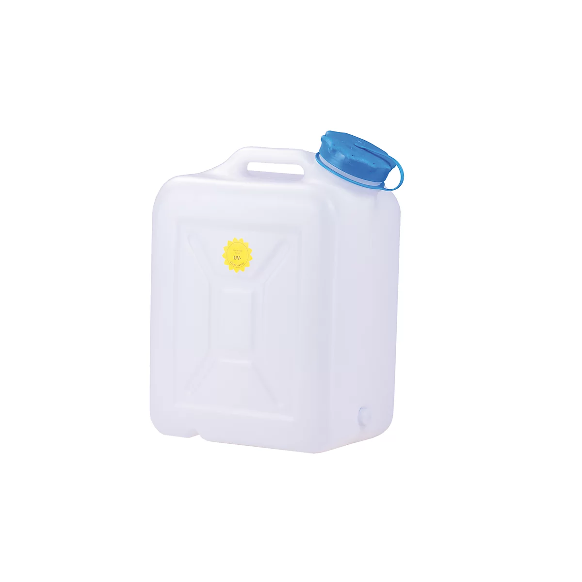 White canister with blue lid and yellow closure. The canister has a handle and a small spout.