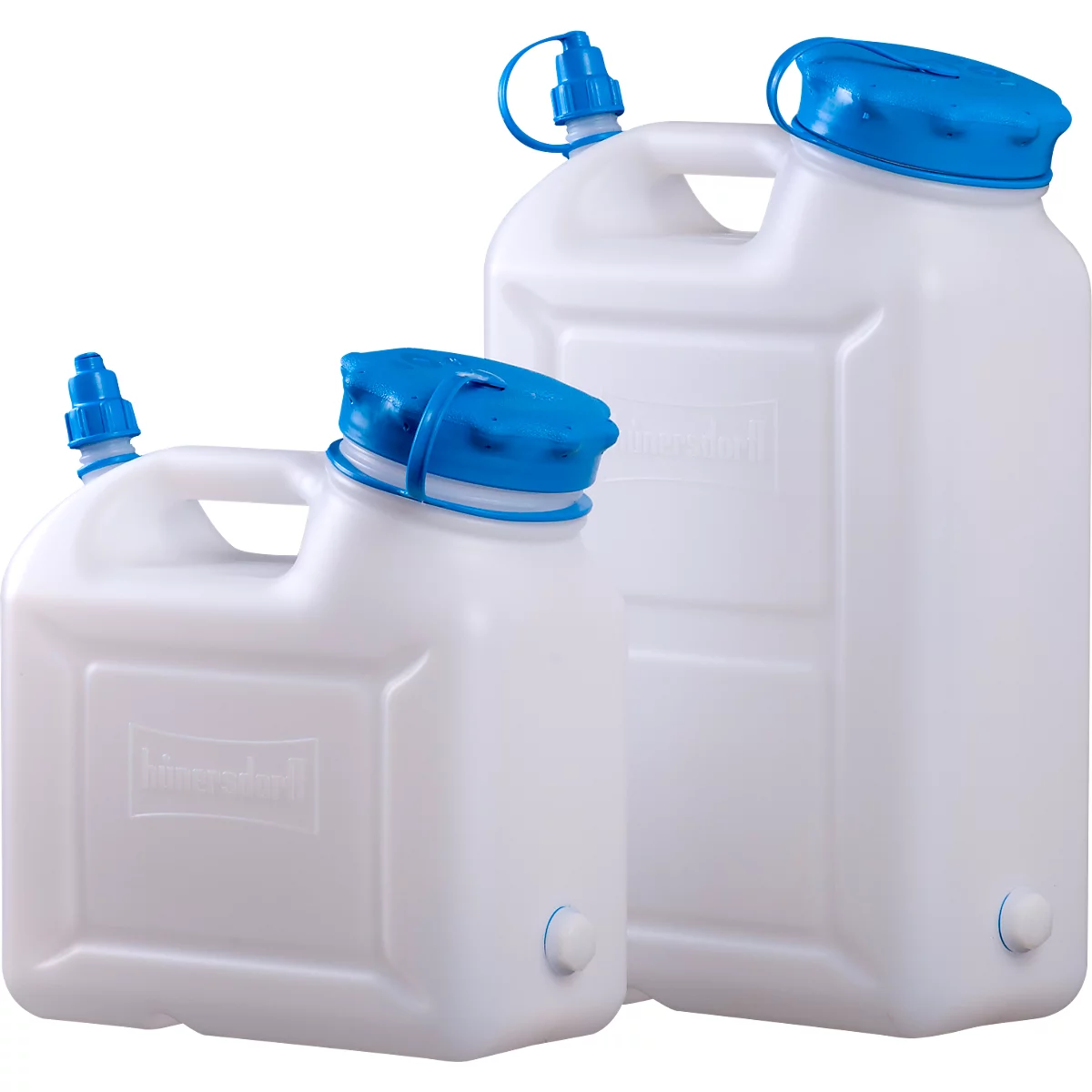 Two white water canisters with blue lids and spouts, against a white background.