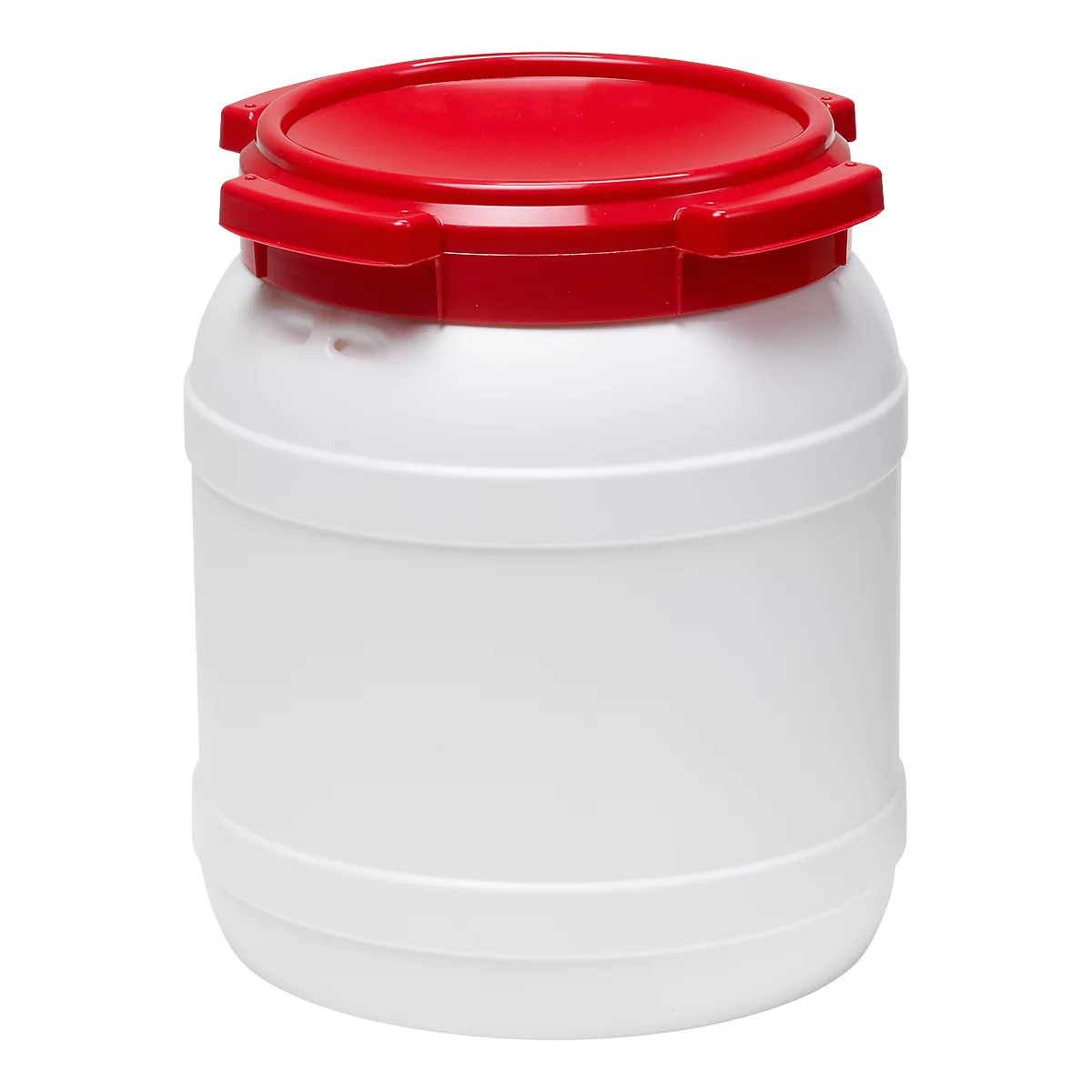 White plastic container with red lid. The lid is fitted with a red seal.