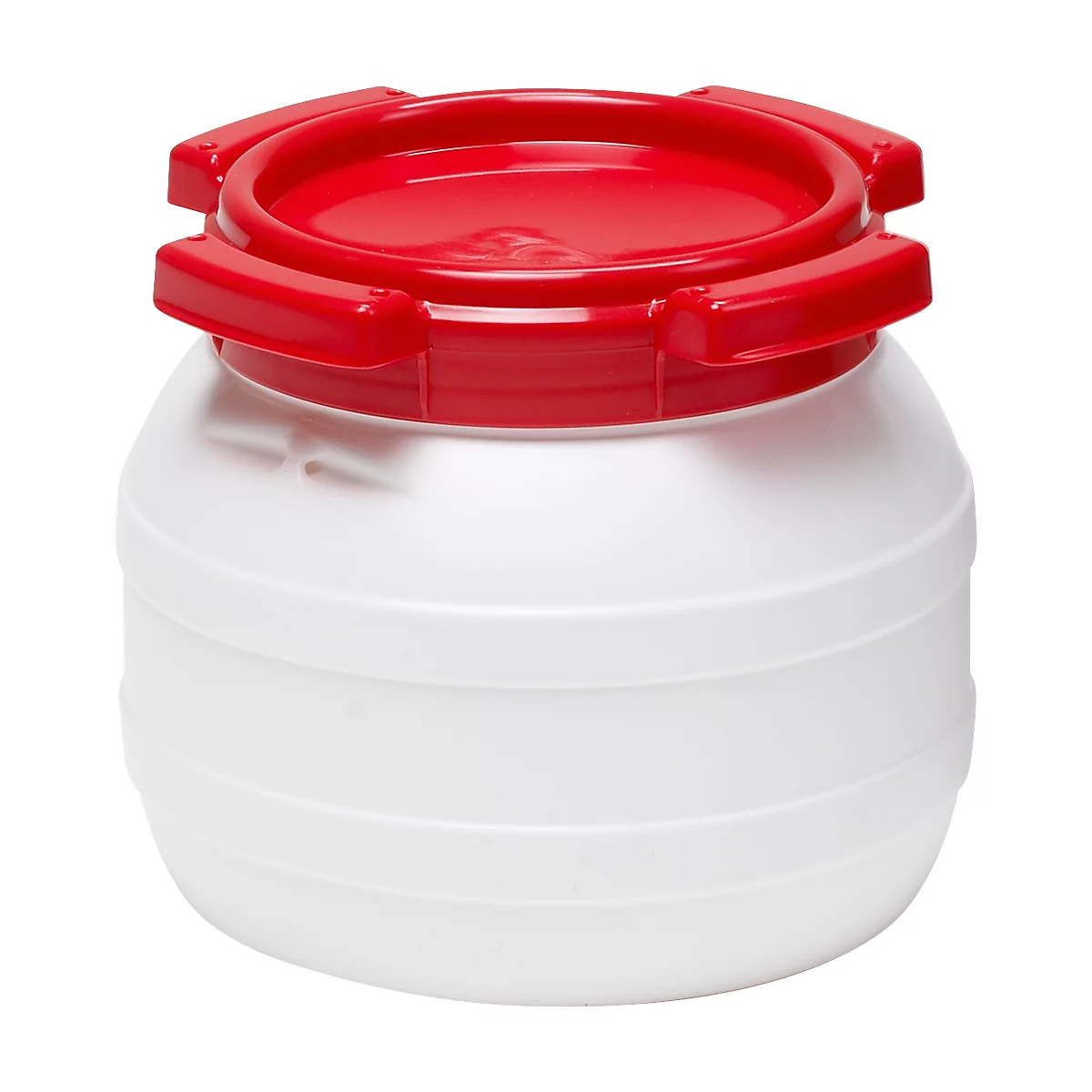 White, bulging container with a red lid. The lid has handles and a round opening.