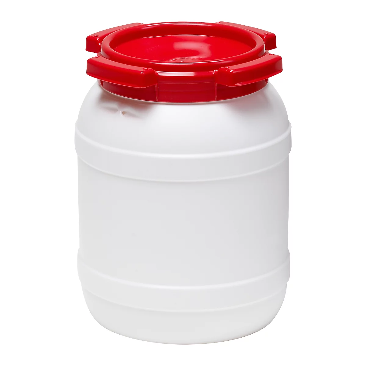 White plastic barrel with red lid, close-up.