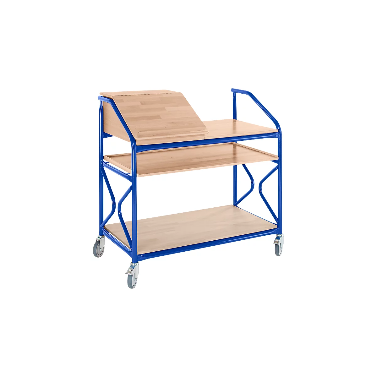 A blue serving cart with three wooden shelves. The top shelf is angled. Wheels are attached to the corners.