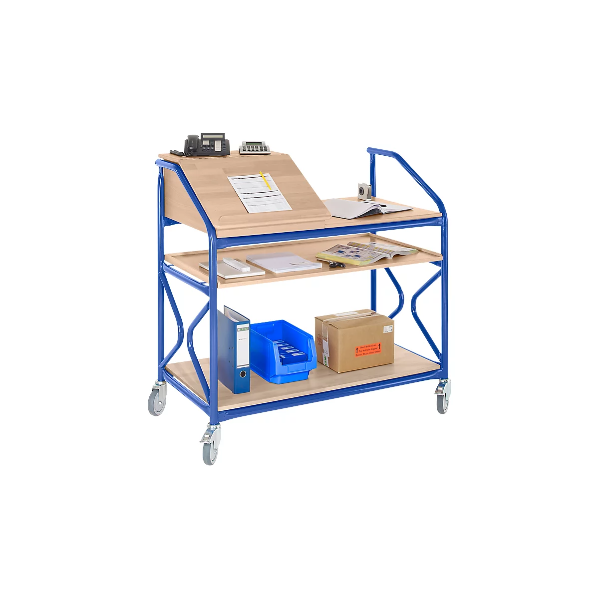 Blue and silver transport trolley with work materials like file folders, cardboard box and paper.