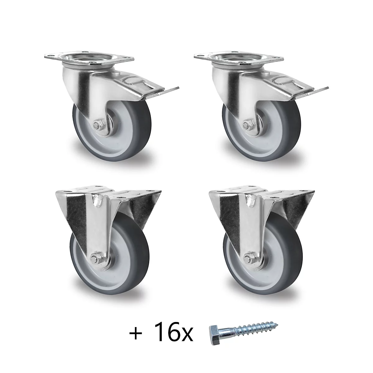 Wielenset voor palletbox Big Box FP-FBO1210 met inhoud 680 l, 2x zwenkwielen met rem, 2x bokwielen &amp; schroeven, ø 100 mm, TPE, grijs