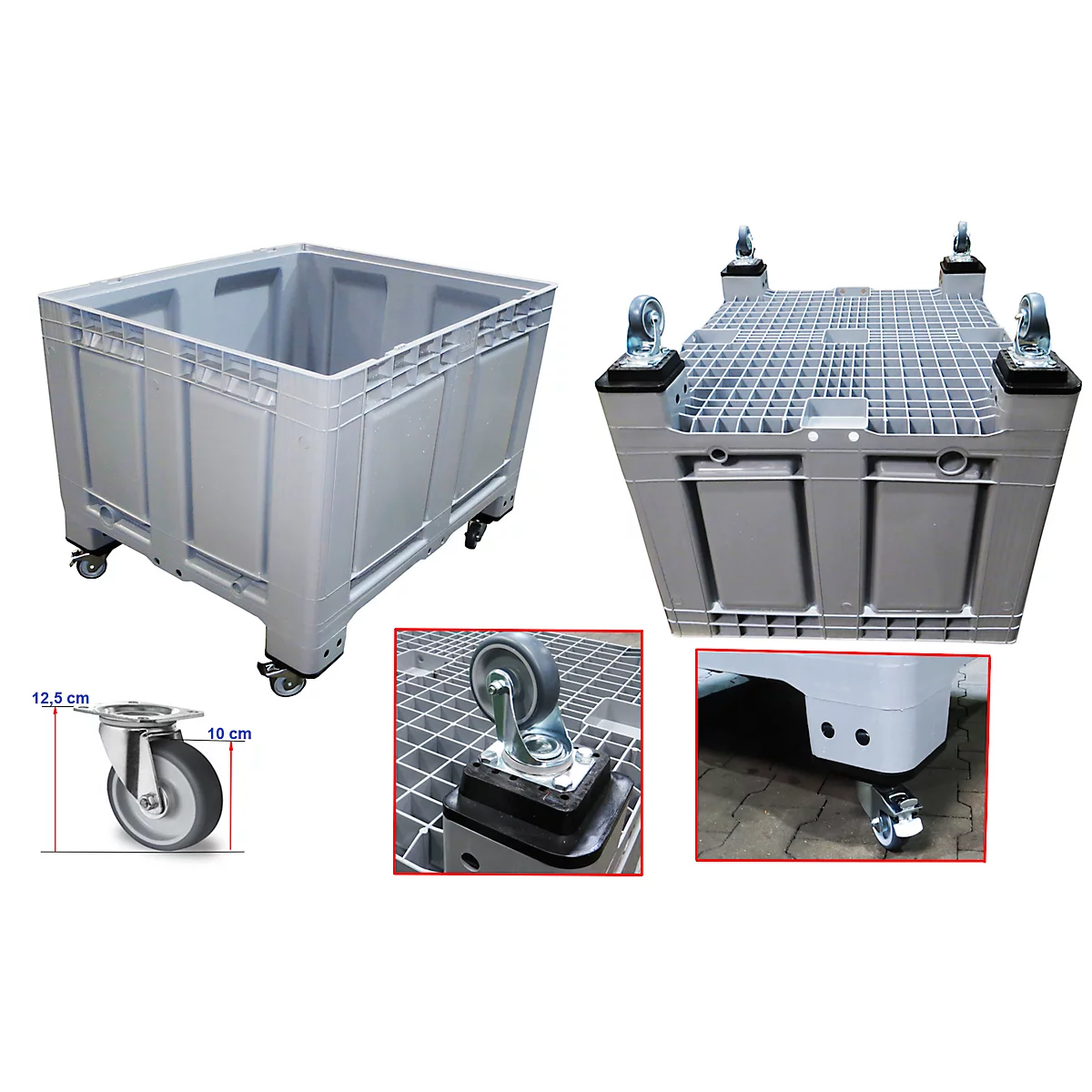Wielenset voor palletbox Big Box FP-FBO1210 met inhoud 680 l, 2x zwenkwielen met rem, 2x bokwielen &amp; schroeven, ø 100 mm, TPE, grijs