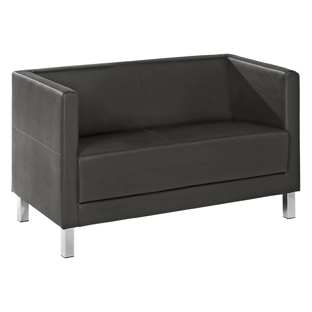 Sofá de cuero marrón oscuro sobre patas plateadas. Forma rectangular, gran comodidad al sentarse.