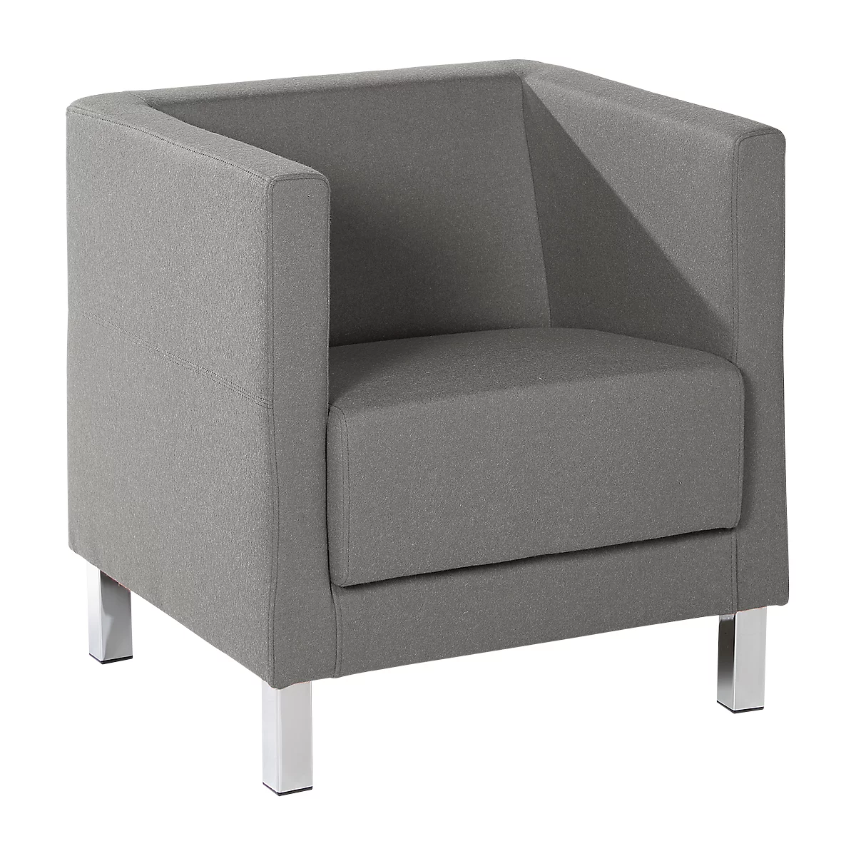 Grijze vierkante fauteuil met vierkante zitting en armleuningen, staand op zilveren poten.