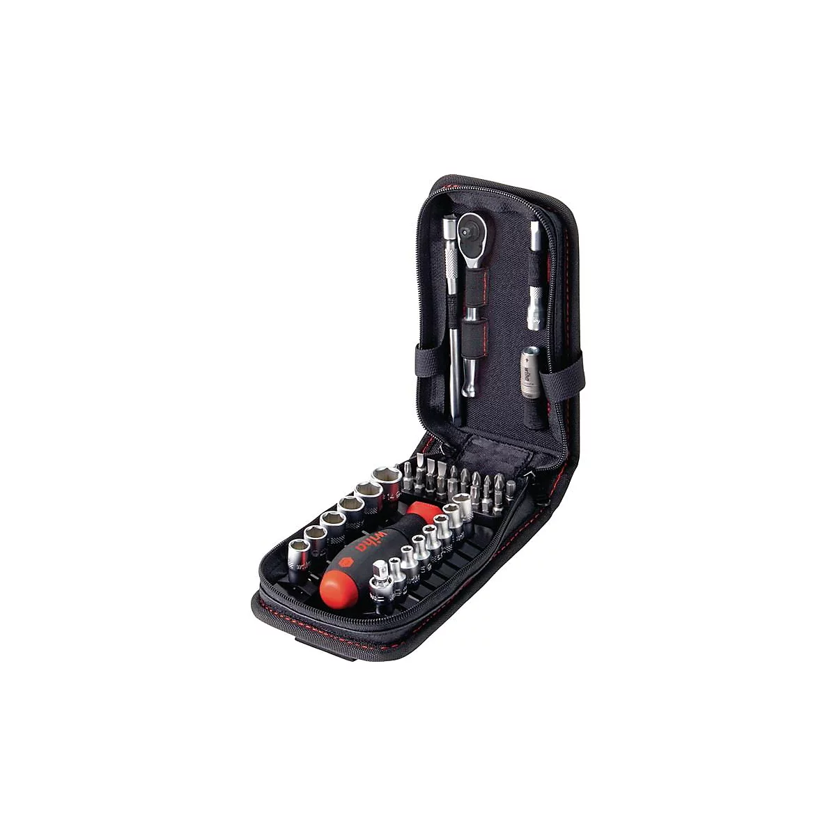 WIHA Bit-/Steckschlüsselset 44684, 39-tlg., Schlitz/PH/PZD/T/K, zähharte Bits, Funktionstasche mit Gürtelclip