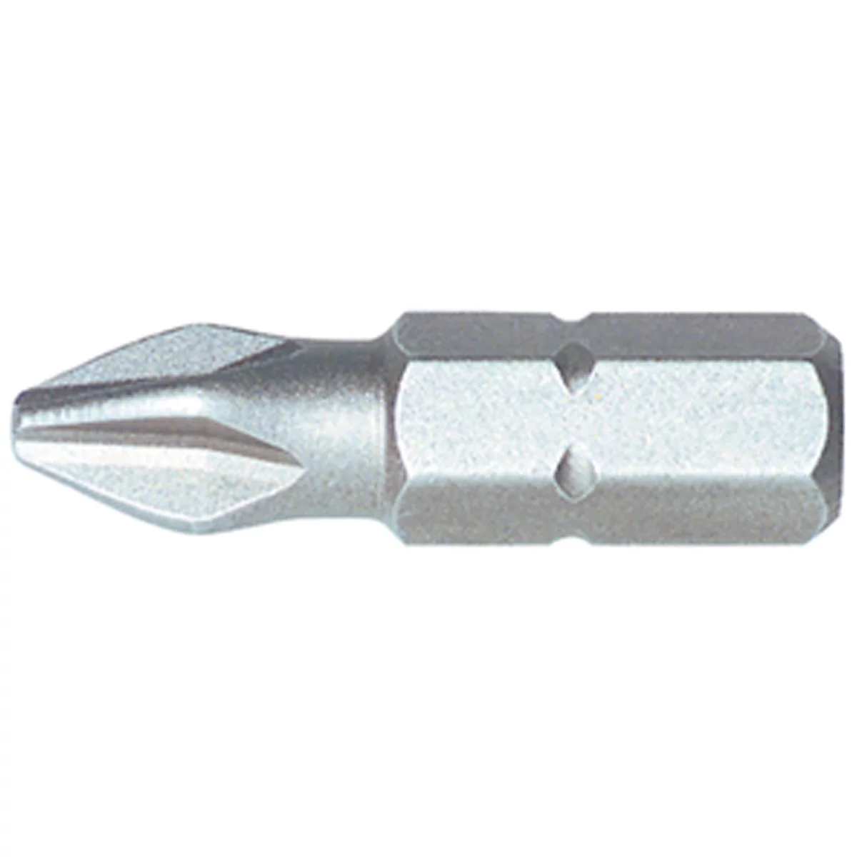 Close-up of a silver Phillips head screwdriver bit. The bit is hexagonal in shape, with a sharp tip.
