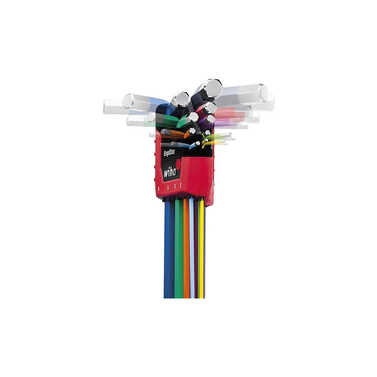 Een set gekleurde inbussleutels, rood gemarkeerd met "wiha ErgoStar". Verschillende kleuren geven de maten aan.