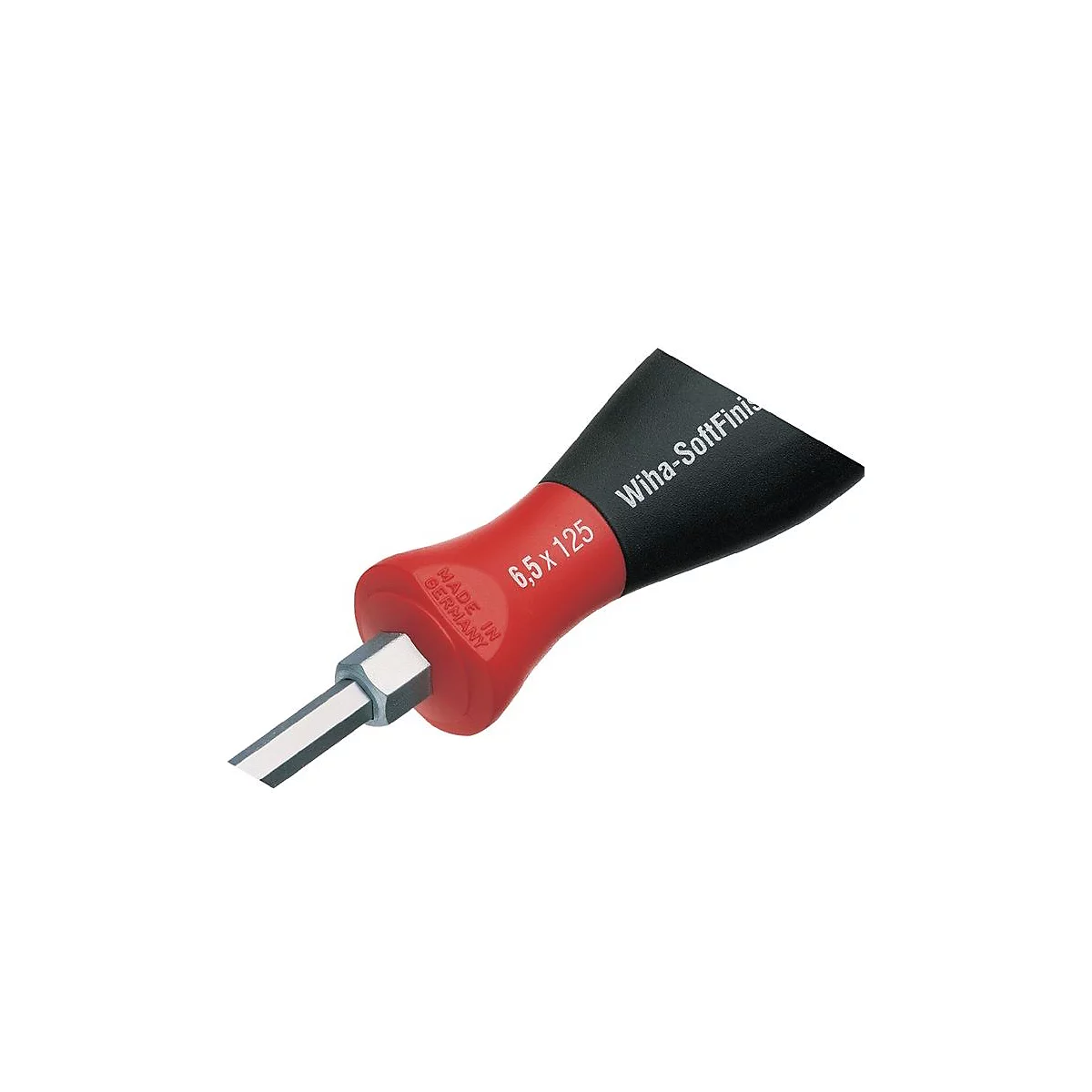 Detailopname van een schroevendraaier met een rode handgreep, zwart uiteinde en zilveren punt. Op de handgreep staat 6,5 x 125.