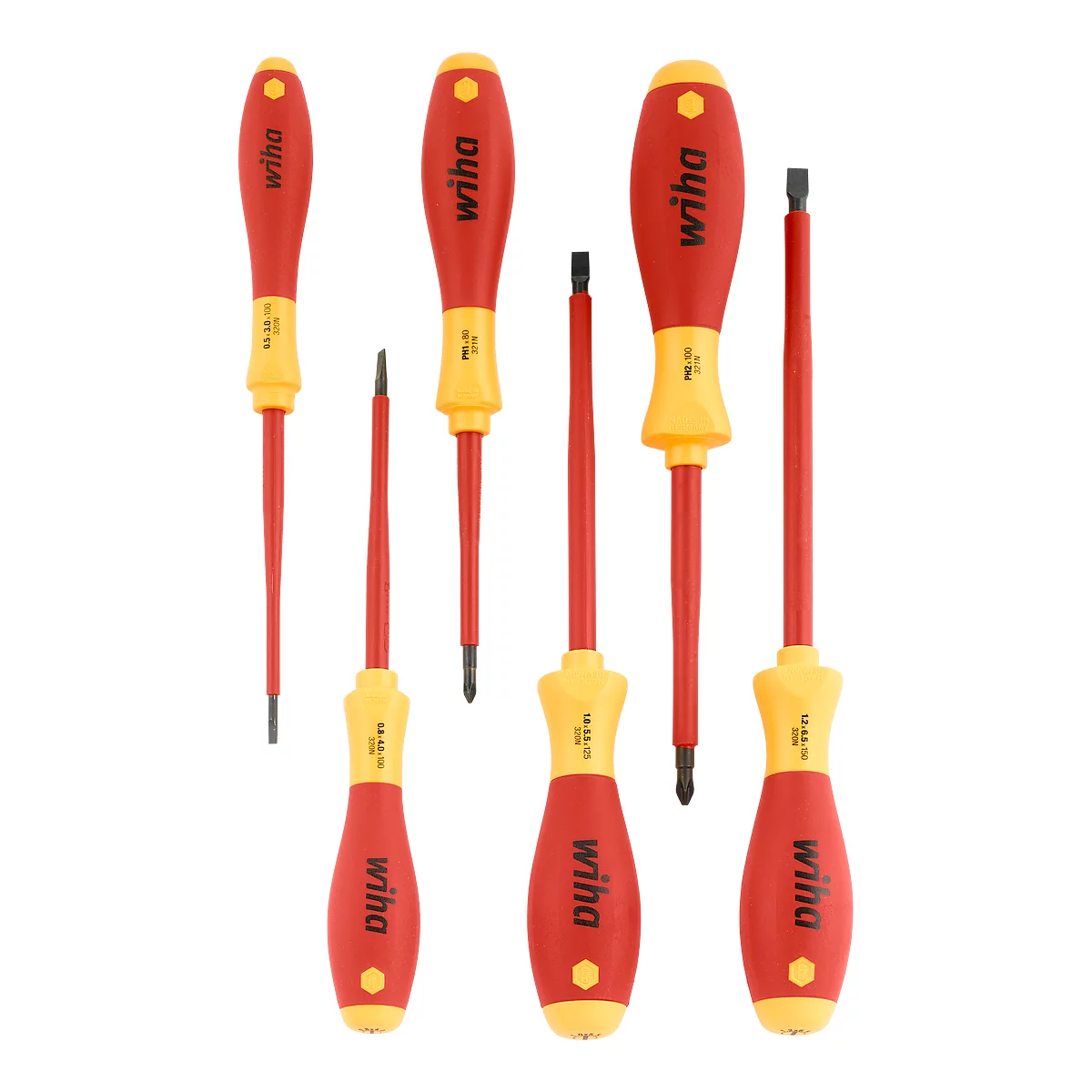 An arrangement of six red and yellow screwdrivers, with the name "wiha".