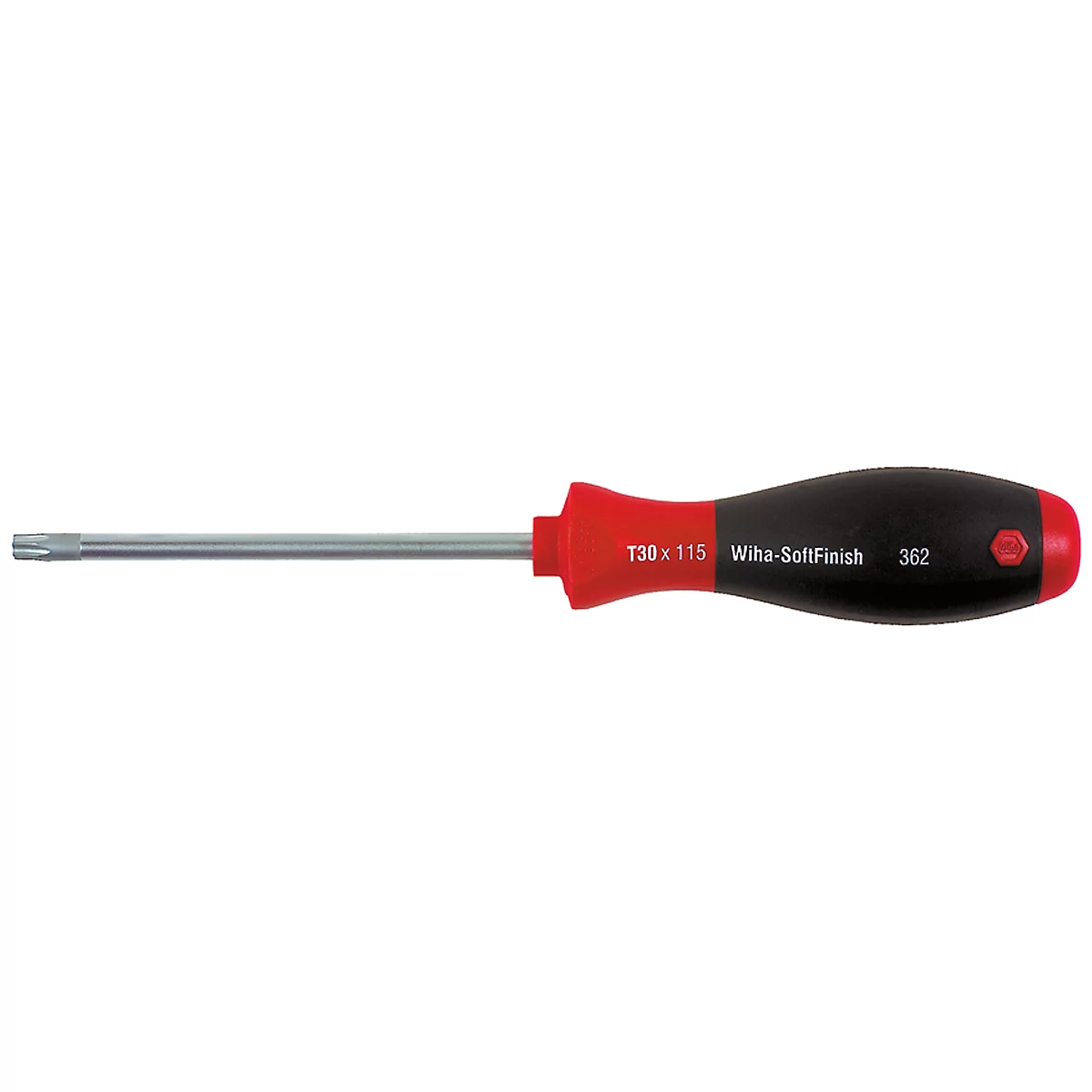 A screwdriver with a red and black handle. The handle is labeled with "T30 x 115 Wiha-SoftFinish 362".
