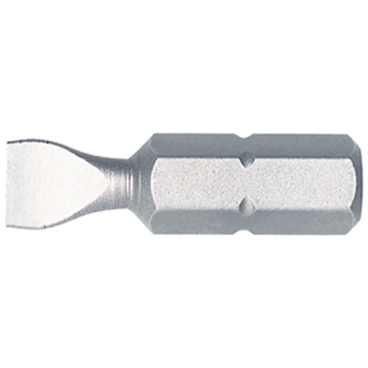 A silver slotted screwdriver bit on a white background. The bit has a flat tip and a hexagonal shank.
