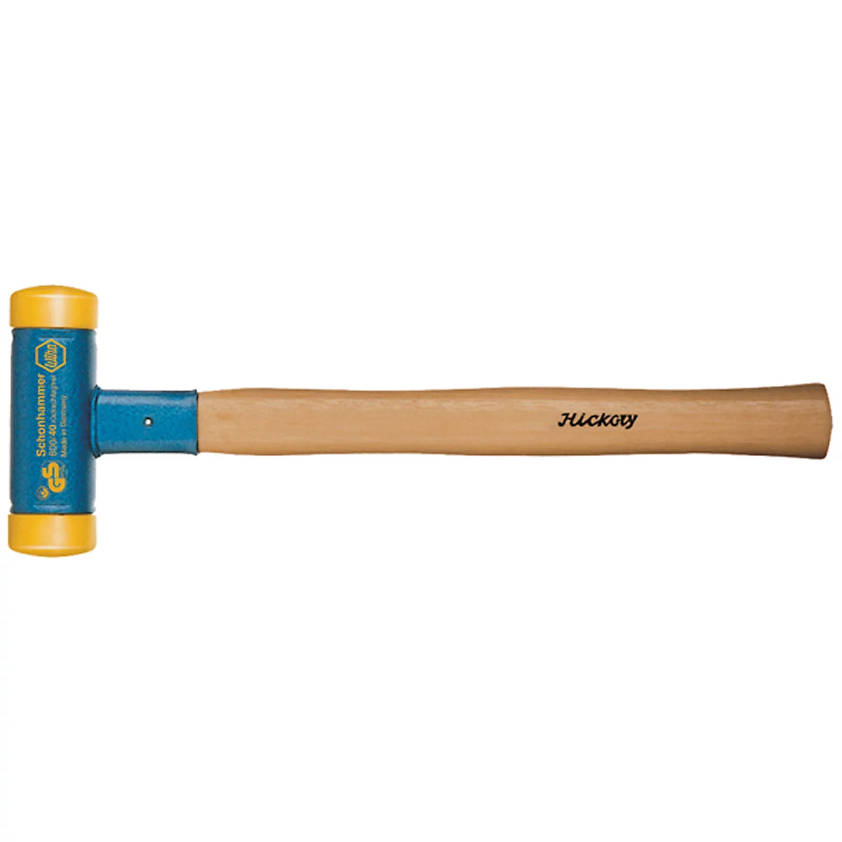 A soft-faced hammer with a blue metal head and yellow striking surfaces, and a wooden handle with the word "Hickory".
