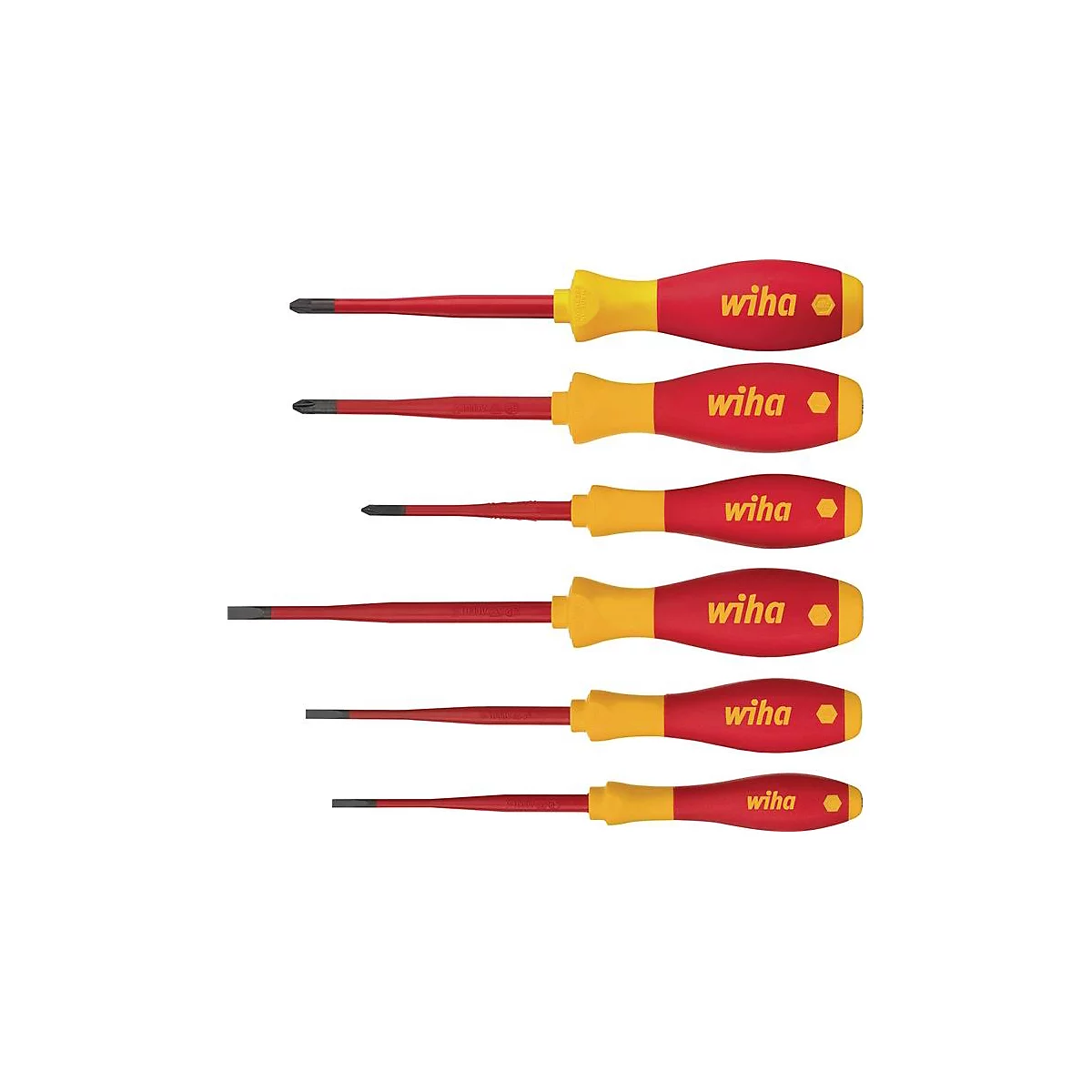Six tournevis avec des manches rouges, des transitions jaunes et l'inscription de la marque 'wiha'.