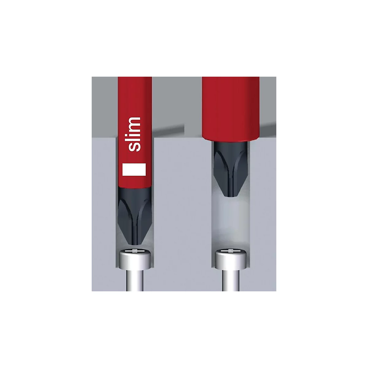 Zwei Schraubendreher, einer mit dem Wort "slim", passen in Schrauben. Der rote Griff der Schraubendreher kontrastiert mit dem grauen Hintergrund.