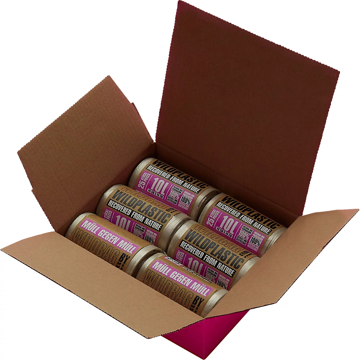 An open brown cardboard box with six cylindrical waste bags. Inscription: Wildplastic, Müll gegen Müll, 10L.