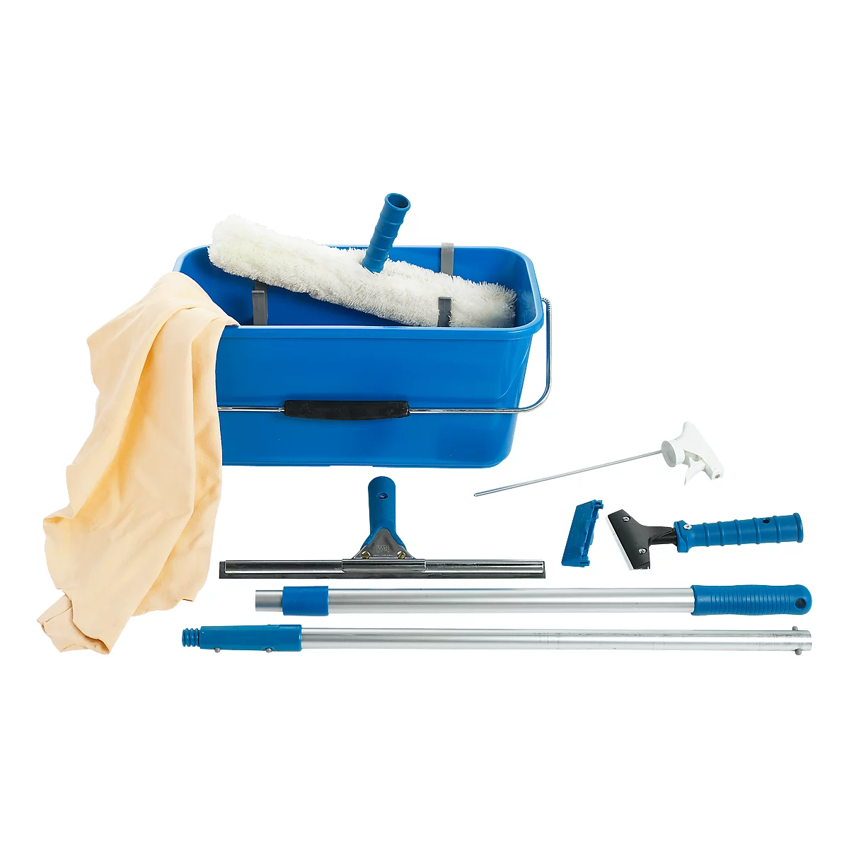 Window cleaning set: bucket, cloth, wiper, spray bottle, extension poles.