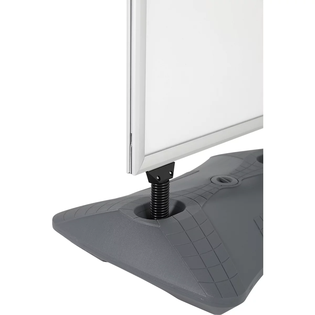Grijze reclamedisplay, detailopname met wit bord, zwarte vering en grijze voet.