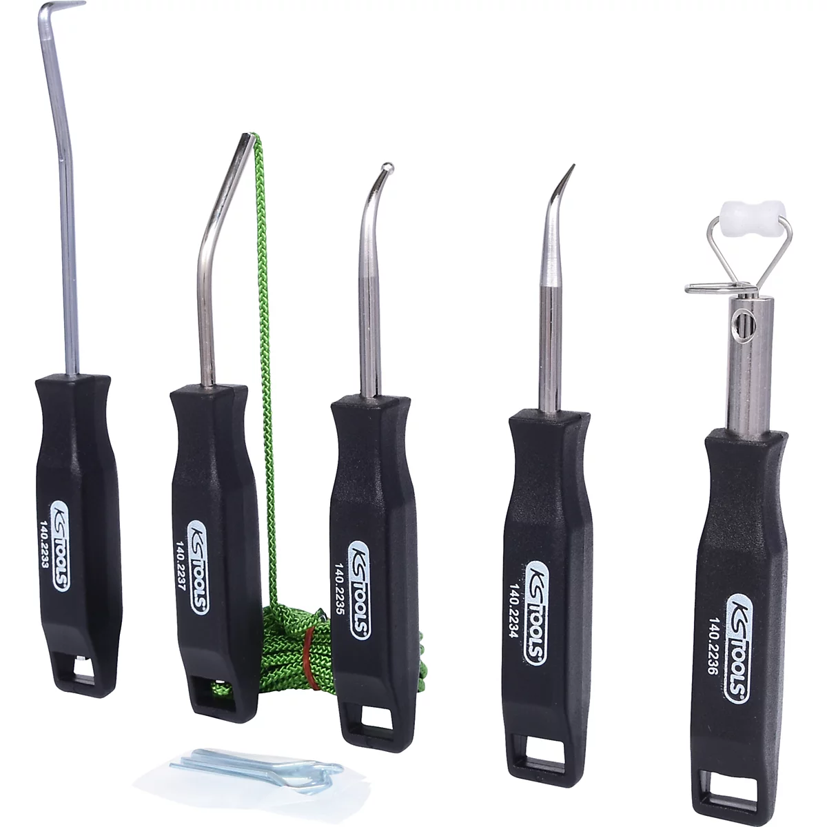 Werkzeugset mit verschiedenen Hebelwerkzeugen und Zubehör, alle mit schwarzen Griffen und silbernen Spitzen.