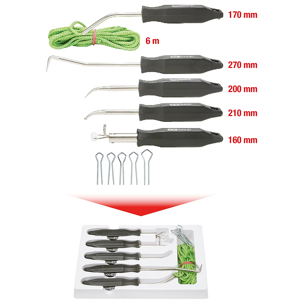 Werkzeug-Set mit verschiedenen Hebeln, Metallstiften und einer grünen Schnur, alles auf weißem Grund.