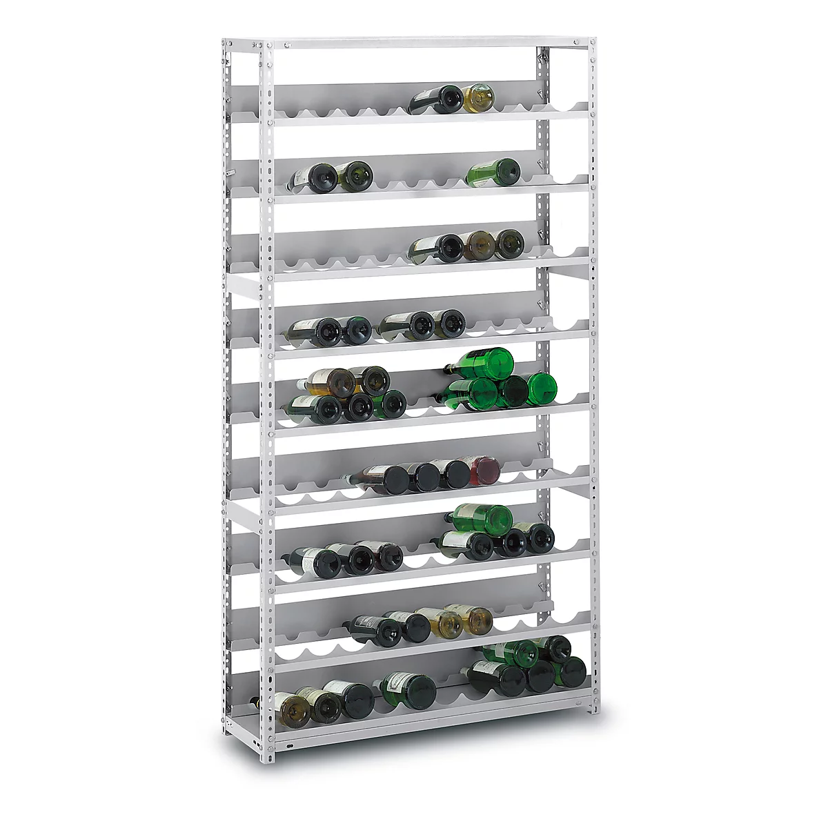 Wine rack filled with bottles of wine. White metal frame with multiple shelves.
