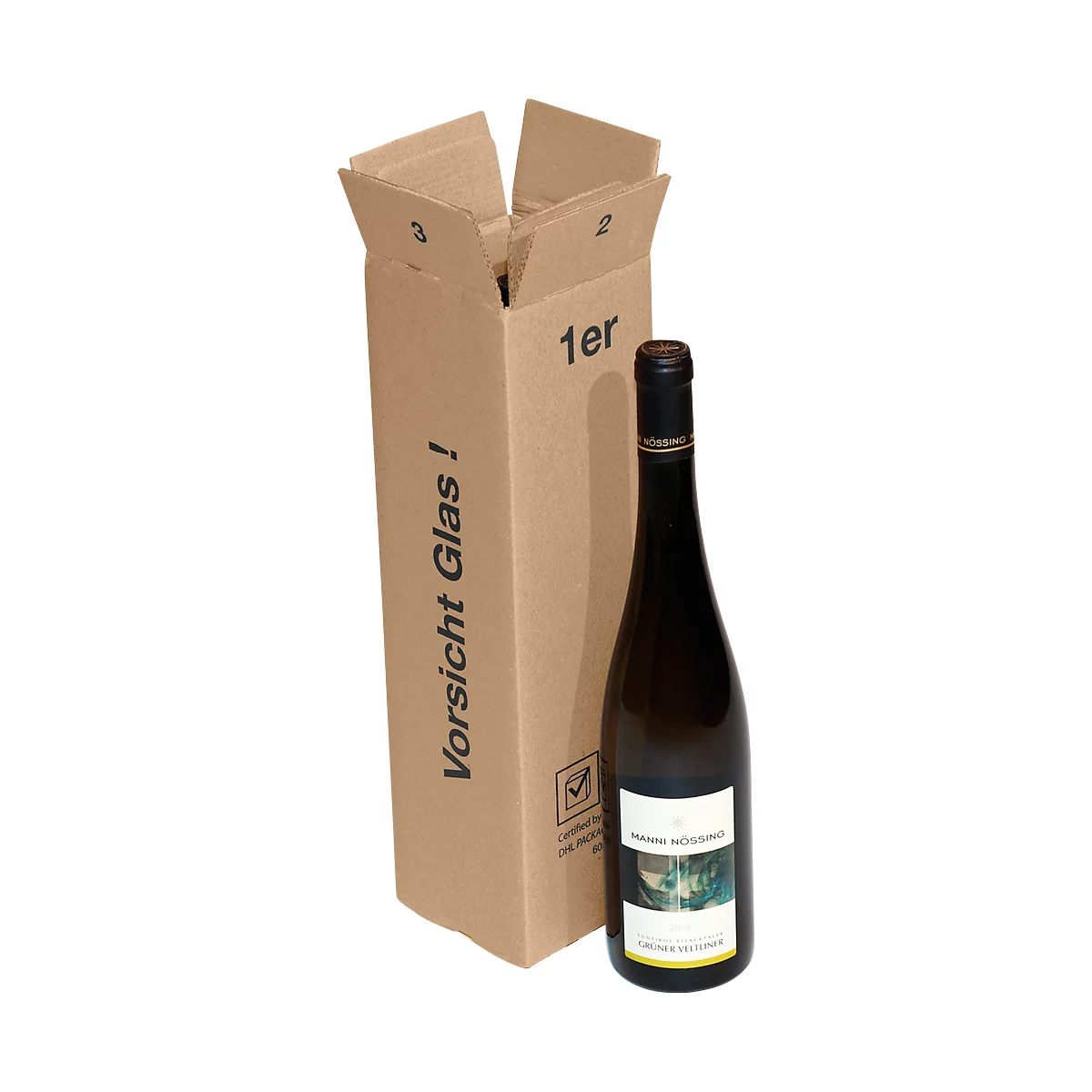 Wine bottle in a brown cardboard packaging. The packaging says "Handle with care glass!" and "1er".