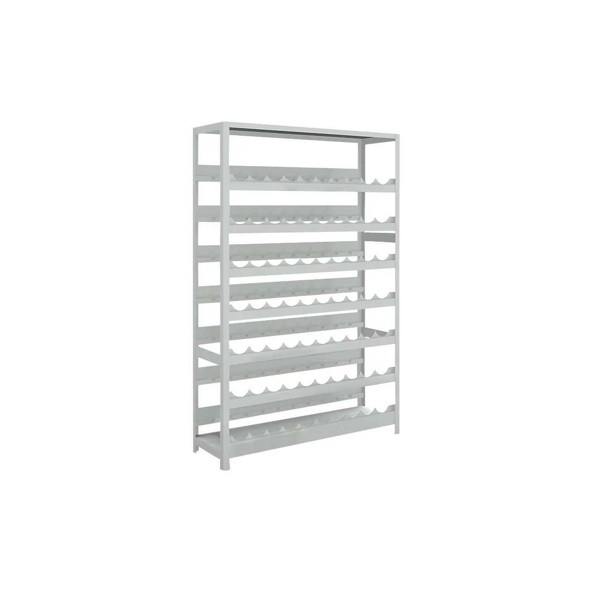 Grey wine rack with multiple horizontal shelves for bottles, made of metal, freestanding.