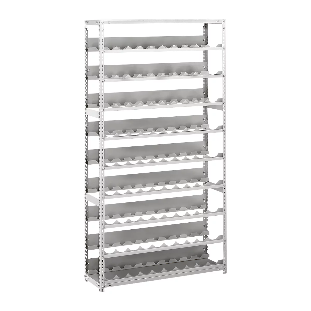 Grey wine rack with multiple shelves. The shelves are shaped for bottles.