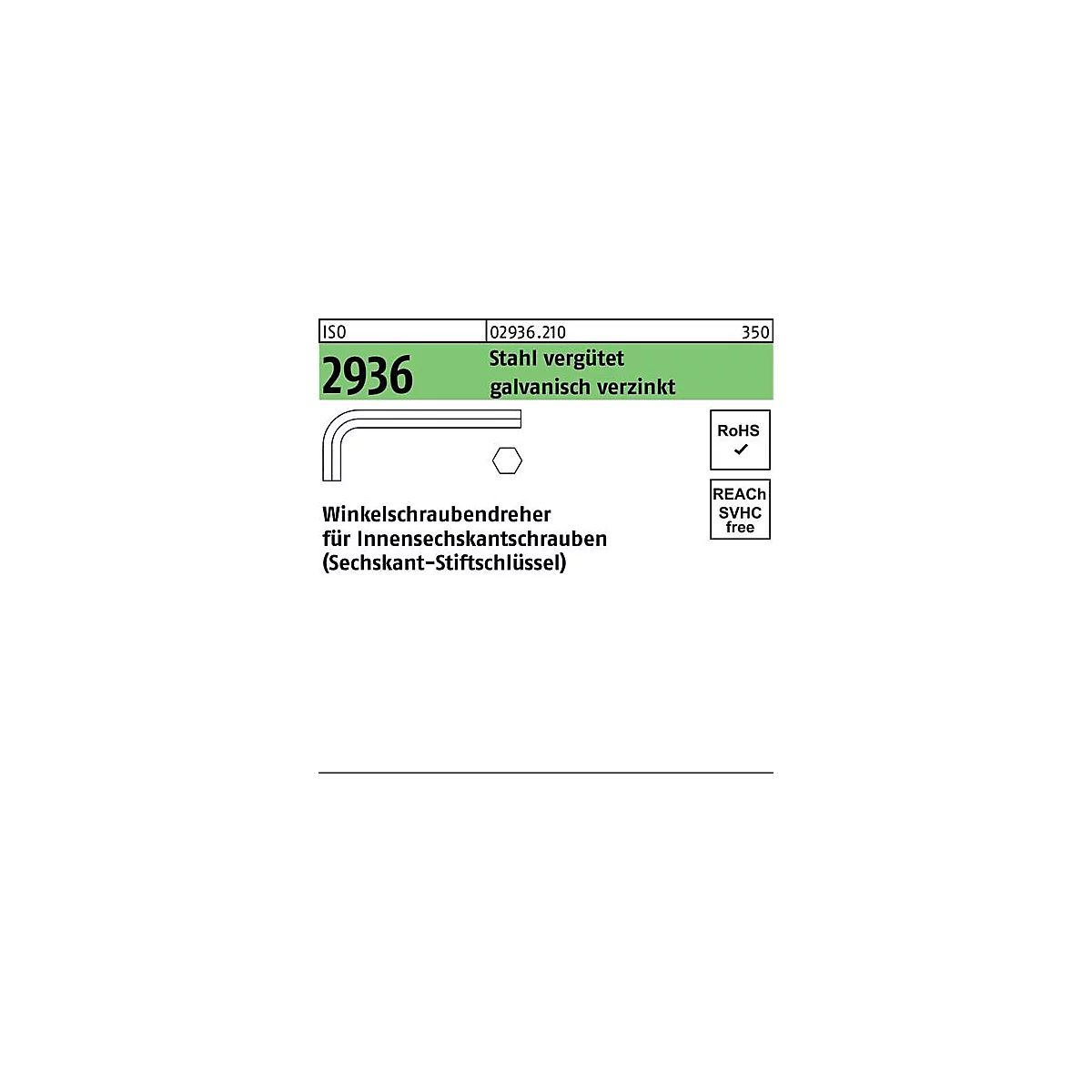 Winkelschraubendreher ISO 2936 Innen-6kt SW 6 Stahl vergütet galv.verz. 50S