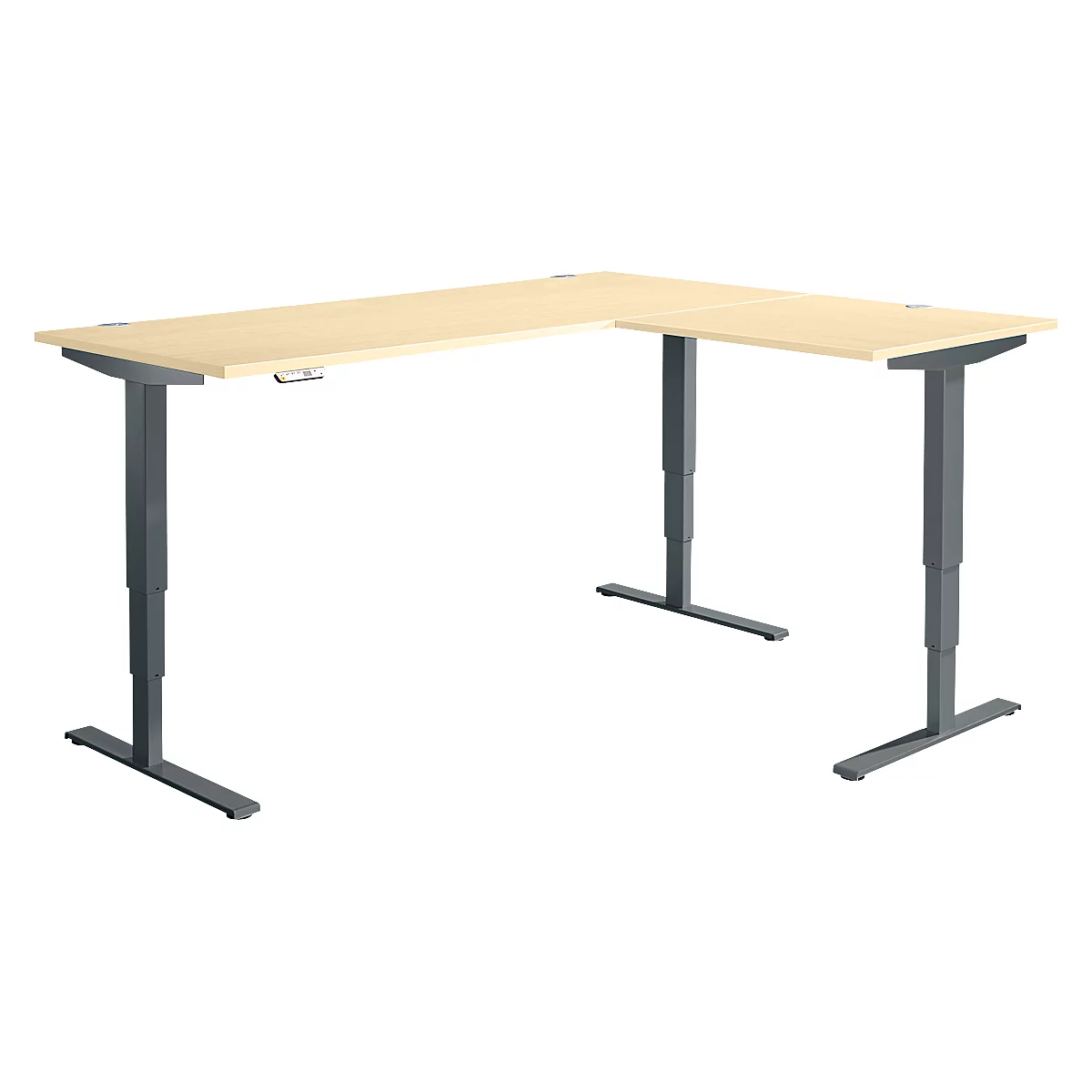 Winkelschreibtisch AERO FLEX, elektrisch höhenverstellbar, 90° Winkel, T-Fuß, B 2000 x T 1600 mm, Ahorn/anthrazit + Memorypanel