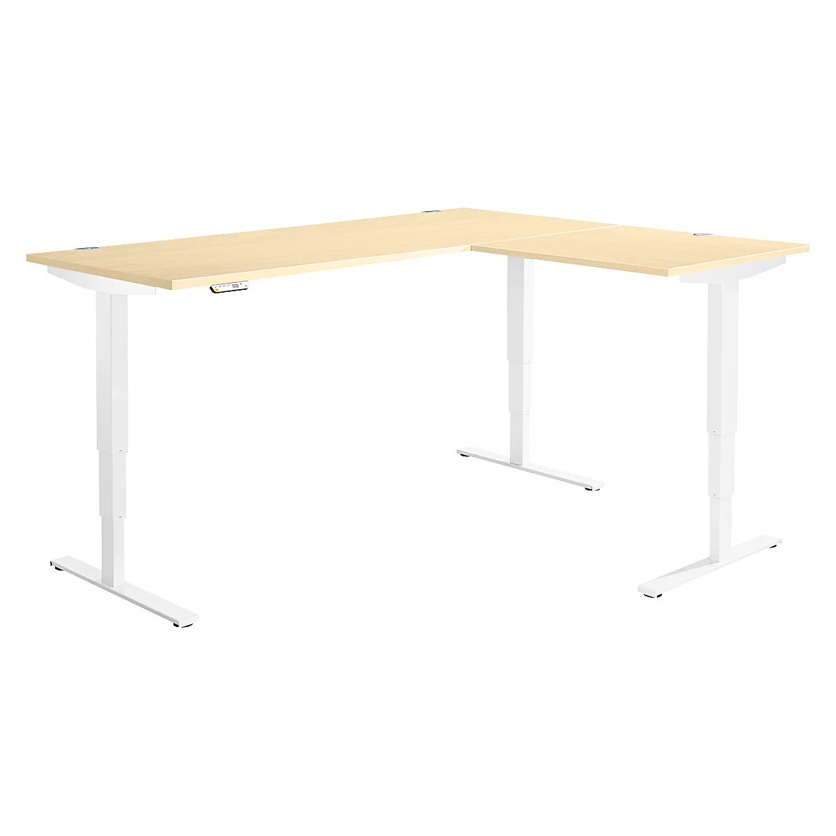 Winkelschreibtisch AERO FLEX, elektrisch höhenverstellbar, 90° Winkel, T-Fuß, B 2000 x T 1600 mm, Ahorn/weiß + Memorypanel